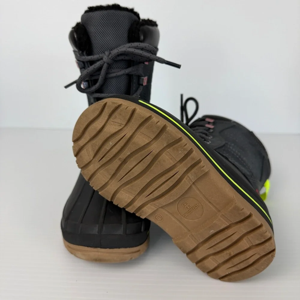 Swiss Tech Kids Winter Snow Boots Grey Black Neon Yellow Waterproof Size‎ 10